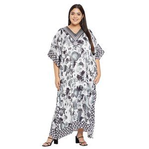 Women Floral Printed Black & White Satin Kaftan Maxi Dress by Gypsie Blu